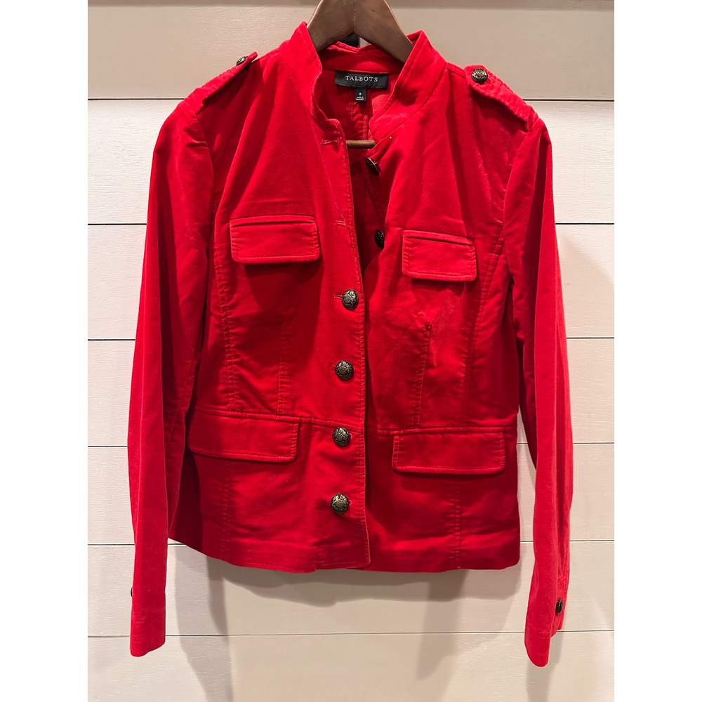 Talbots Red Corduroy Military Jacket Women 8 Crest Button Epaulette Stand Collar
